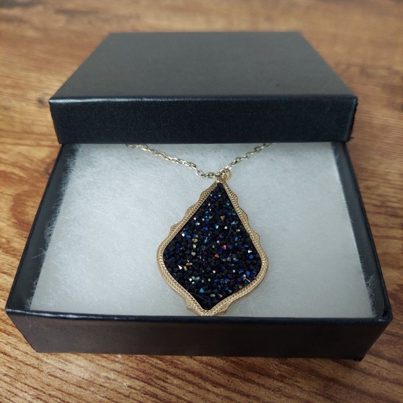 Gold Plated Necklace Featuring Glass Stone 2" Teardrop Pendant Sparkle 22" Chain - Picture 5 of 7